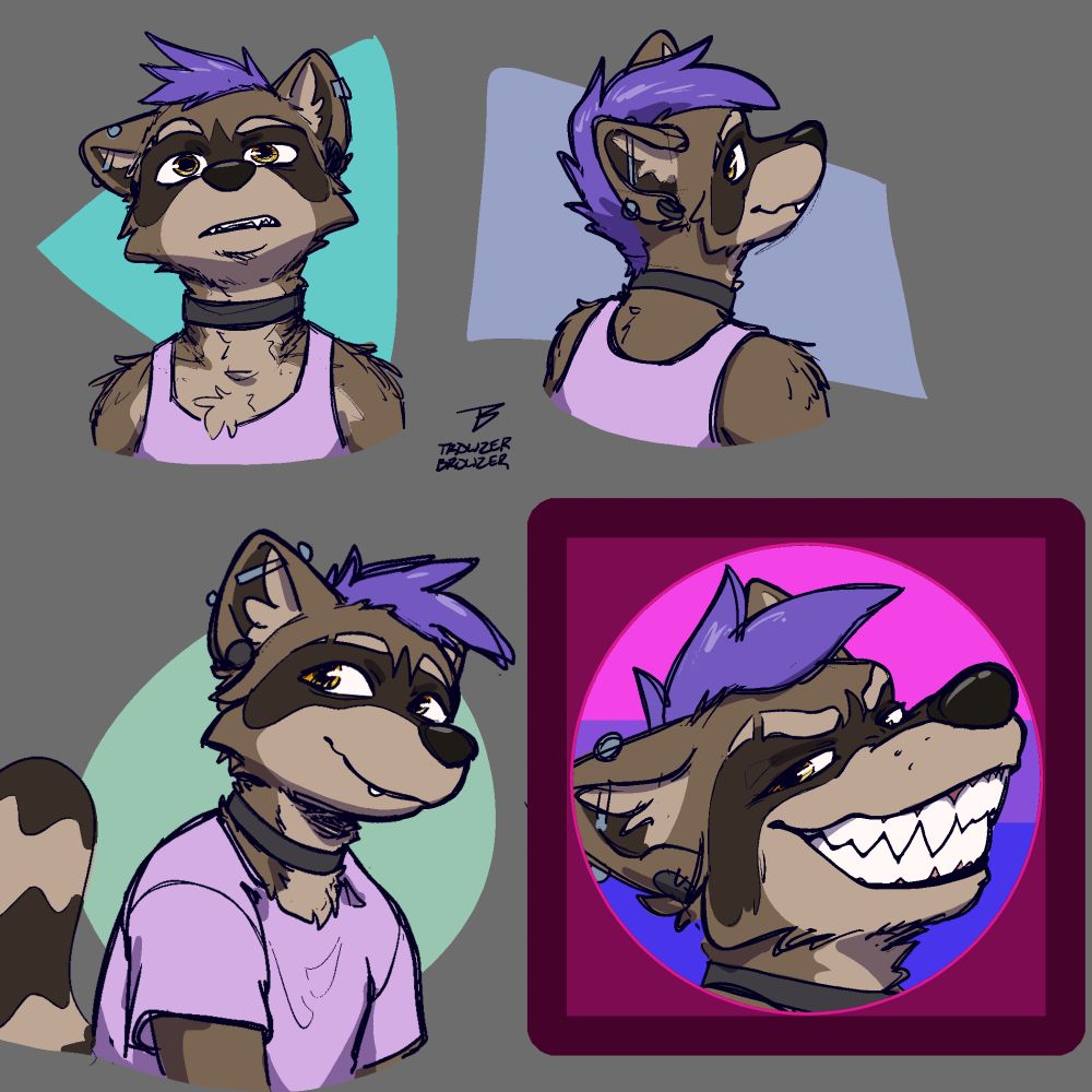 4 portraits of Trowzer from different angles with different expressions, one has a bisexual pride flag background, they look like they'd work perfectly as profile pics :3