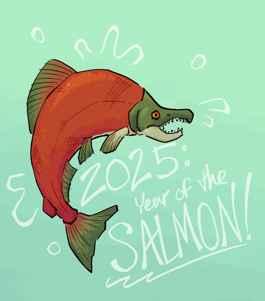 Digital drawing of a sockeye salmon with its body bent like it's jumping. Text reads "2025: Year of the SALMON!"