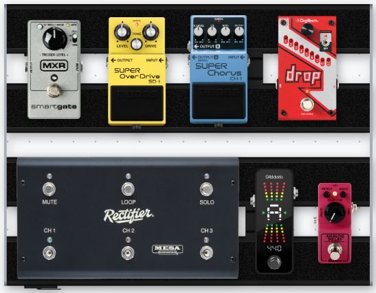 A depiction of a D'Addario XPND 2 pedalboard with these pedals, from left to right and top to bottom: MXR Smart Gate, Boss SD-1 Super Overdrive, Boss CH-1 Super Chorus, DigiTech Drop, Mesa Boogie Rectifier footswitch, D'Addario CT-23 tuner, and Ibanez Analog Delay Mini. Link to the site: https://pedalplayground.com/