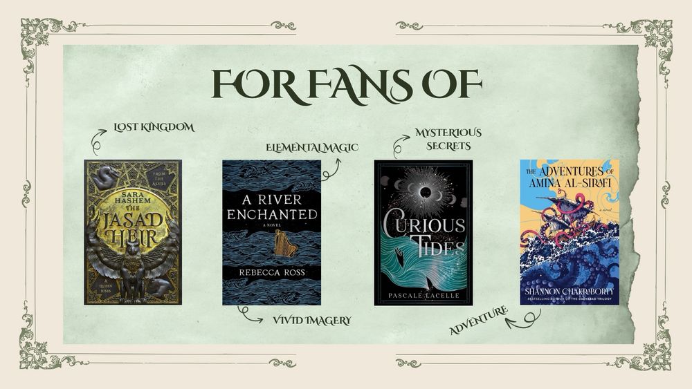 This is the third image in my guide, and it portrays my comp titles. 

My book will be perfect for the fans of the Jasad Heir, A River Enchanted, Curious Tides, and the Adventures of Amina al-Sirafi. 