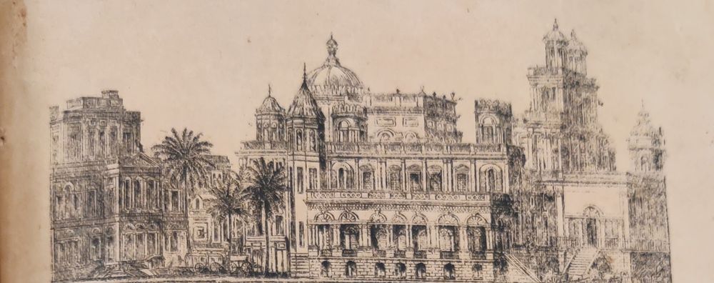 Lithographed view of the Chattar Manzil in Lucknow.