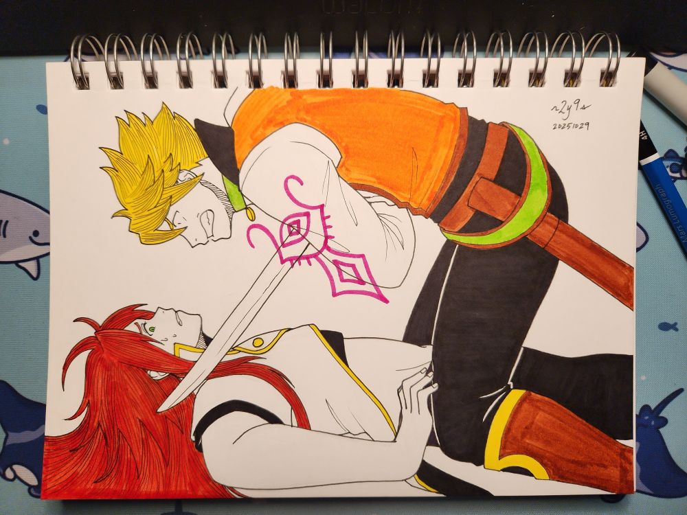 traditional ink and marker drawing on paper of luke fon fabre and guy cecil from tales of the abyss. luke is on his back, pinned to the floor looking distressed with guy's sword at his neck. guy is poised above luke, the curse slot glowing on his arm and rage showing on his face.