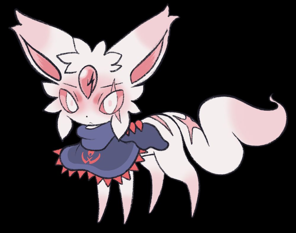 Twelve, an ablinistic Espeon with a cracked gem. There are scars on their left eye, back, and on the base of their tail. They are thin, petite, and have a wispy, Kyubey-esque tail. They wear a navy blue poncho with red, felt spikes sewn around the edges. They have tiny stuffed 'wings', with three red spikes on the hilts sewn underneath the poncho's scarf-like base. There is an unusual symbol embedded on the front of the poncho.