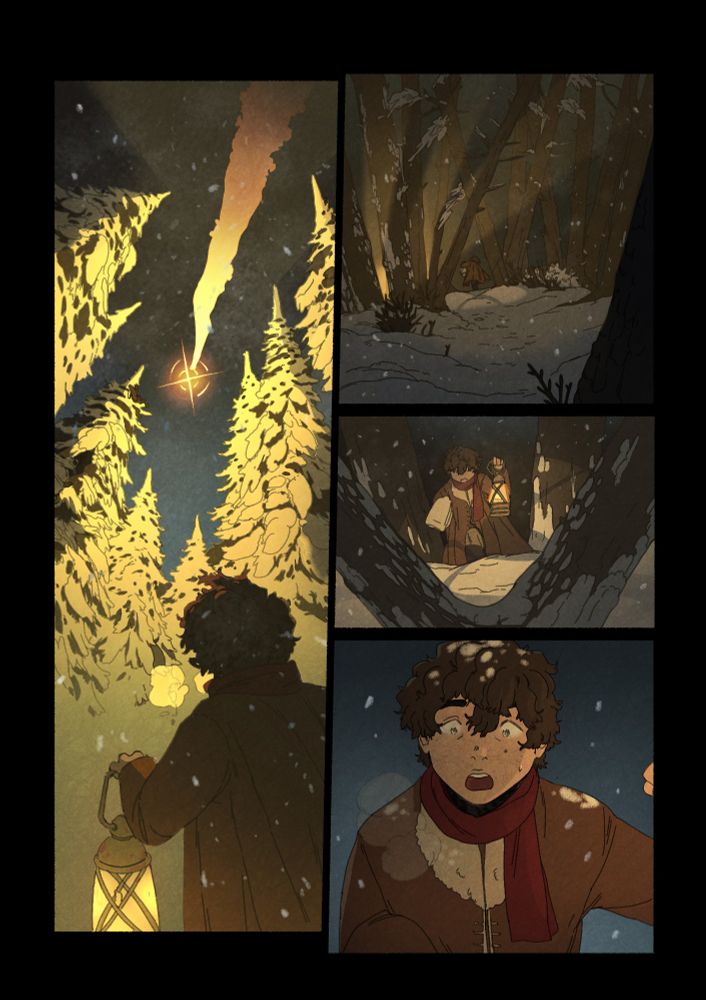 Comic Page of four panels with black background:

P1: A kid with a lantern see a very bright falling star in the Sky. The star looks strangely very near to the trees but we can't  see exactly. 

P2: the kid follows the light in the forest

P3: struggling to Walk in the snow, the kid Is carrying a blanket with him. We Watch him from two trees, bisecting. 

P4: the kid raises his eyes, he has seen something we don't. 

And that's it.
What Is It? Who knows!

😁

