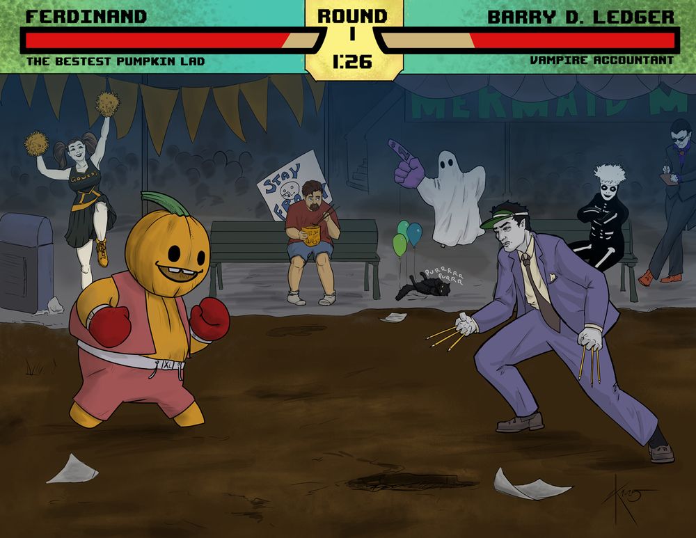 Silly parody of a street fighter scene. Ferdinand, the best pumpkin lad vs Barry D Ledger, vampire accountant. :)