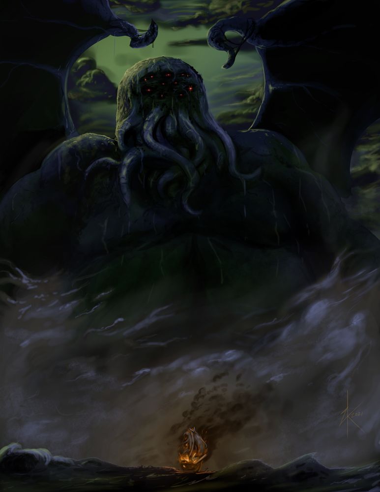 Hey, it's a giant, tentacled Great Old one! and there's a ship on fire!