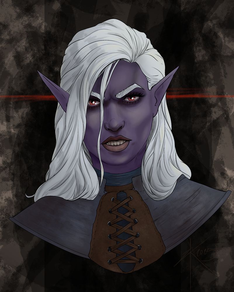A drow woman with red eyes and an angry expression.