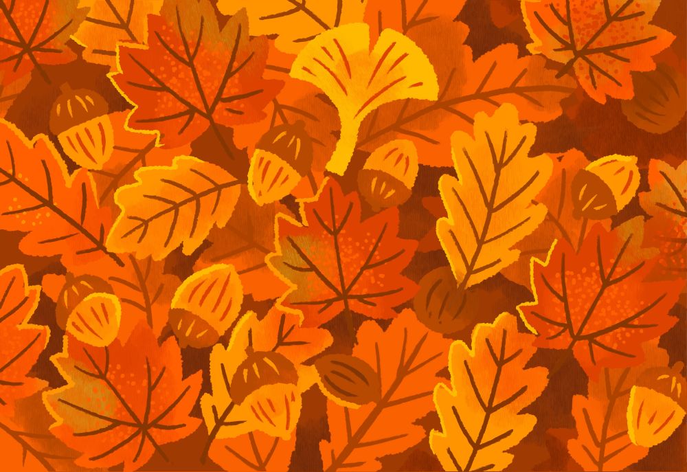 Brightly colored drawing of leaves in autumn colors, oranges and yellows.
