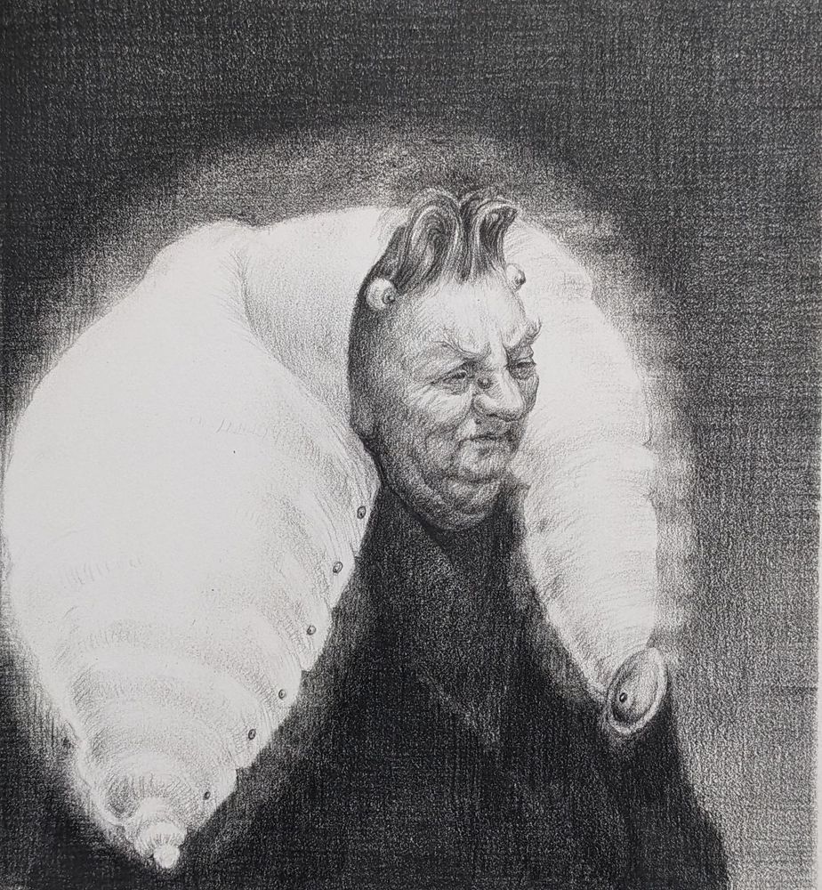 High detail, value drawing of an old woman from head to chest. She's wearing a black dress or coat and has a large, white pillow like head dress that looks like a maggot. Above her forehead at her hairline are two eye balls. She has bushy eyebrows, a wart by the bridge of her nose and a large double chin. Her "maggot" is glowing.
