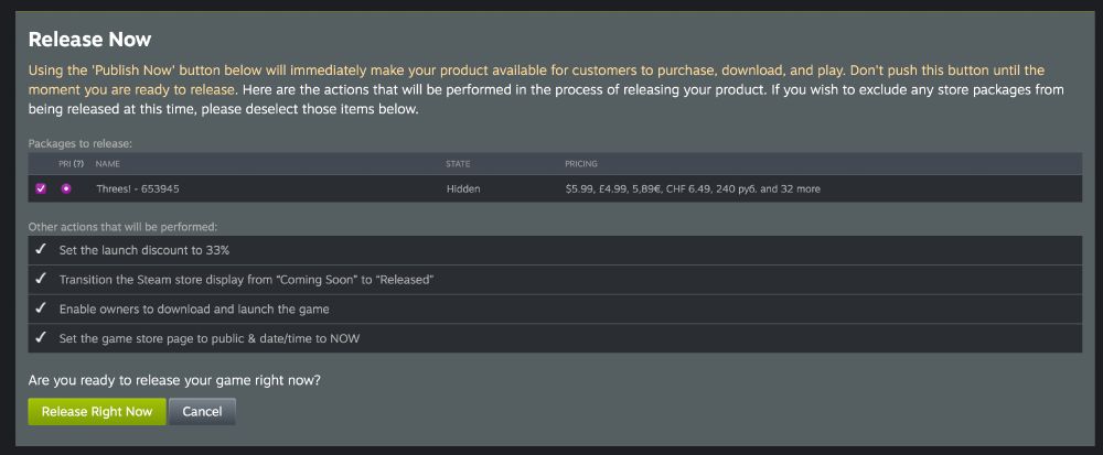 Detailed steam backend screenshot, featuring a big green button that says "Release Right Now"