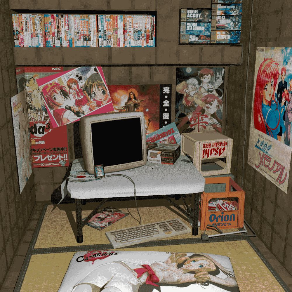 tatami room with old computer on a folding table, beer crates, and walls totally adorned with erotic anime game and JPRG posters. manga and gunpla adorn the top shelves