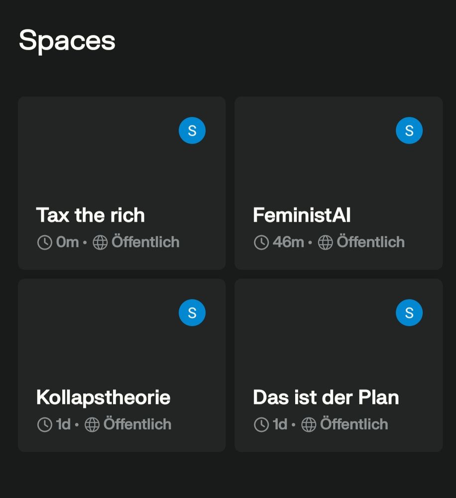 Ein Screenshot mit schwarzem Hintergrund und weißer Schrift von dem Bereich "Spaces" in der perplexity App. Es wurden vier Themen angelegt: "FeministAI, Tax the rich, Kollapstheorie, Das ist der Plan".