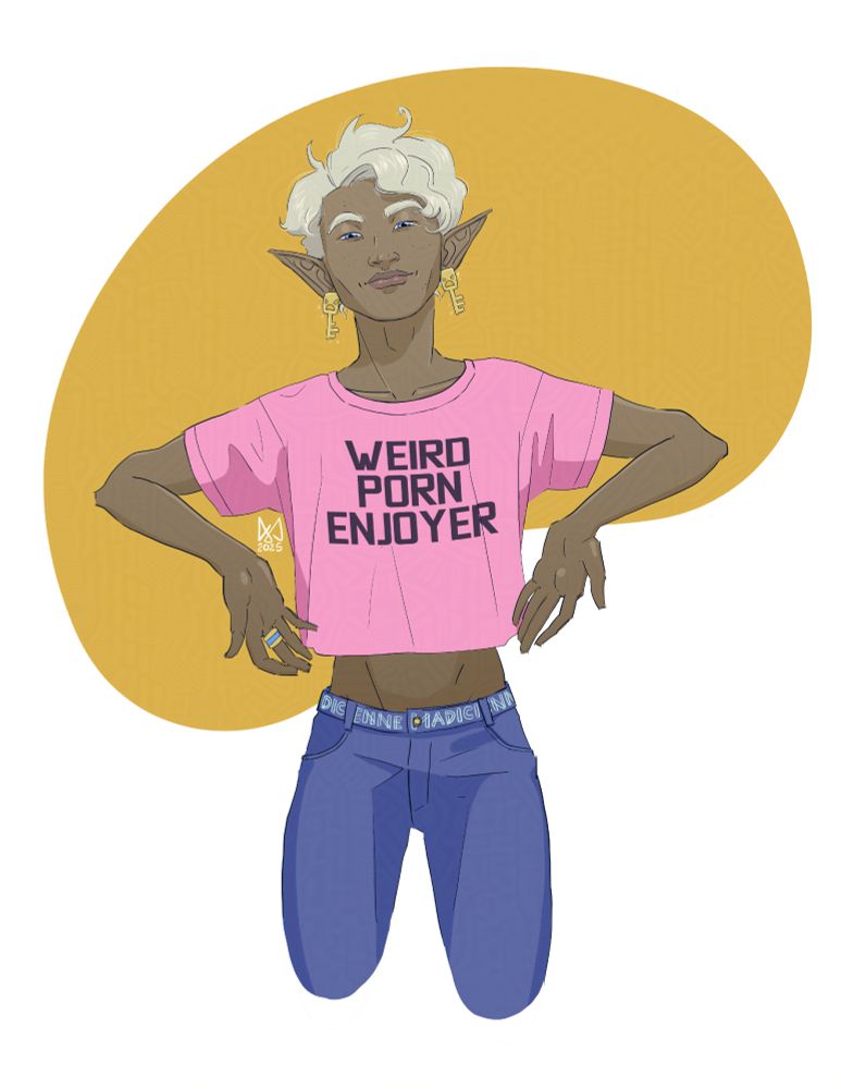 Digital illustration of an elf in jeans and a pink crop top; he's smiling and gesturing at his own shirt, which reads "weird porn enjoyer" in giant letters. His earrings are keys.