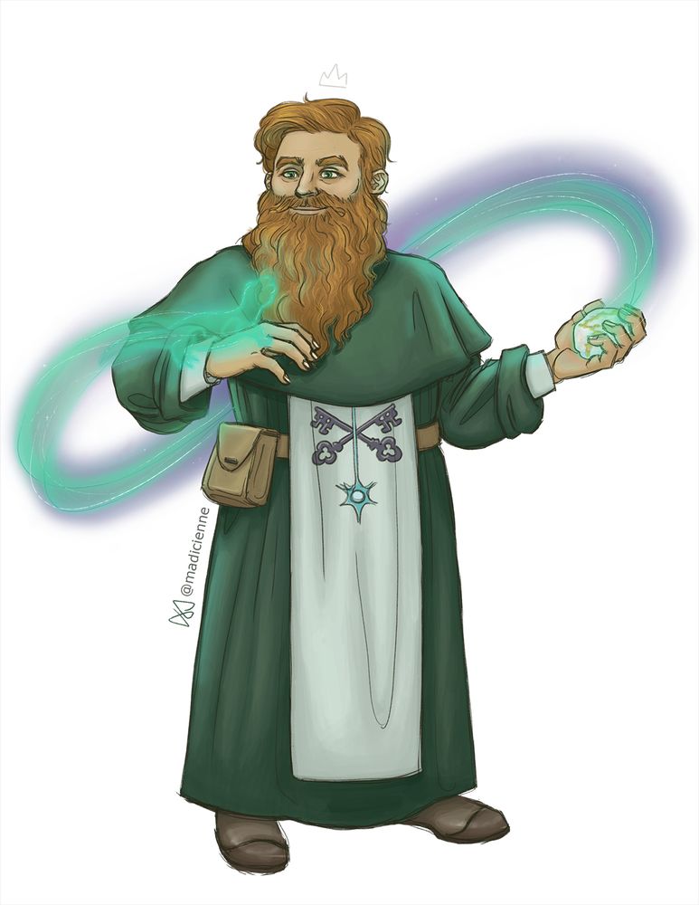 A full body illustration of a fantasy dwarf with full beard and long robes; a swirl of magic surrounds him and he holds a stone in one hand, and a magical lizard in the other. 
