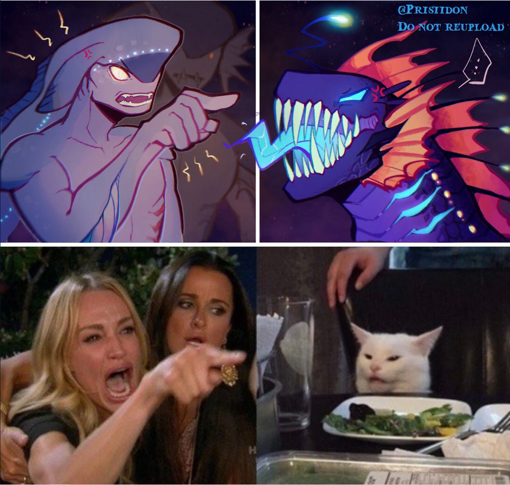 werewolfsister's zora ocs on the left doing the 'Woman Pointing at Cat Meme' at my sea monster zola oc Bon on the right. Both are based on deep sea fish. 