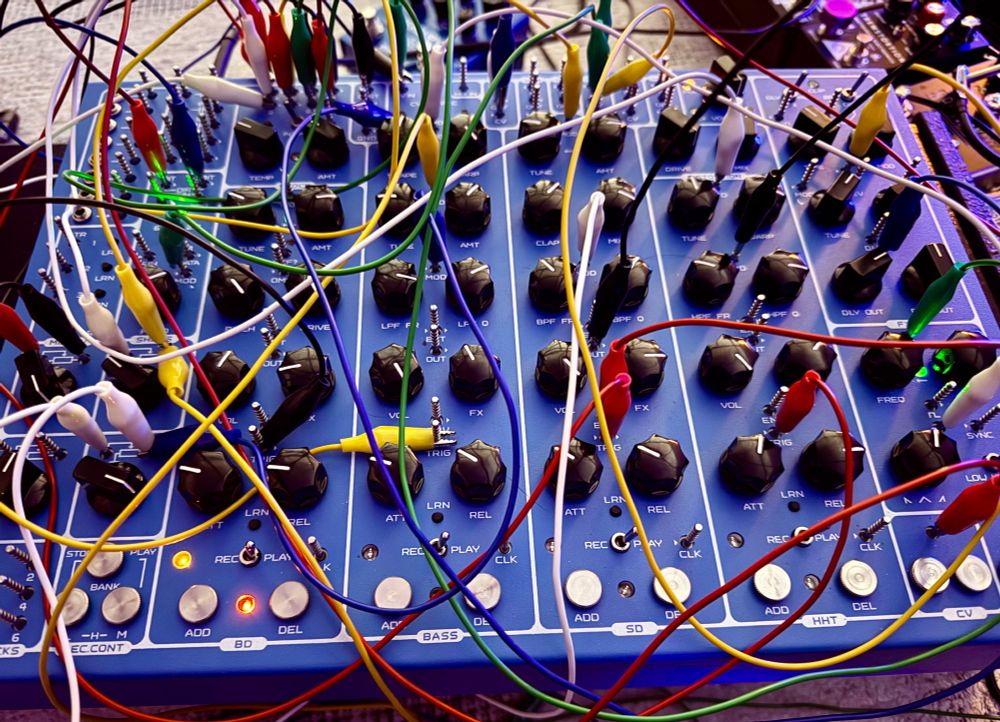 A Soma Labs Pulsar 23 drum machine, patched. 