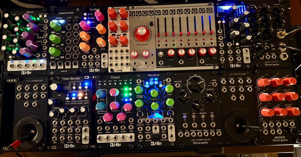 A modular synthesizer system.