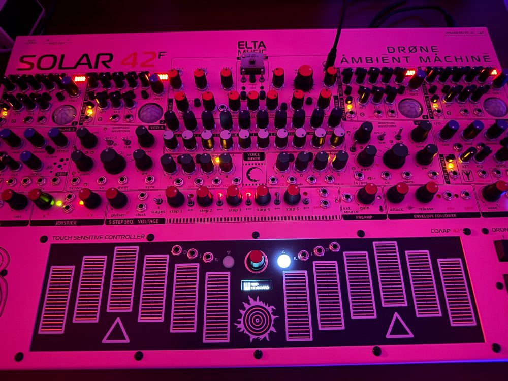 An Elta Music Solar 42F drone synthesizer (pink version).