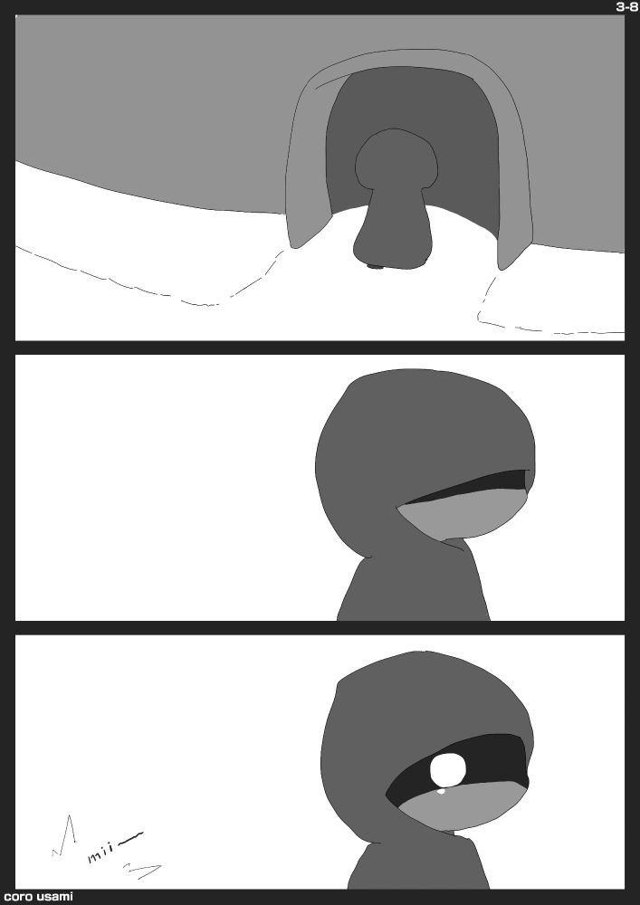 Panel 1: Emi returns to the tower.

Panel 2: Emi has her hood lowered past her eyes, walking sadly.

Panel 3: Emi hears a squeak from behind her.