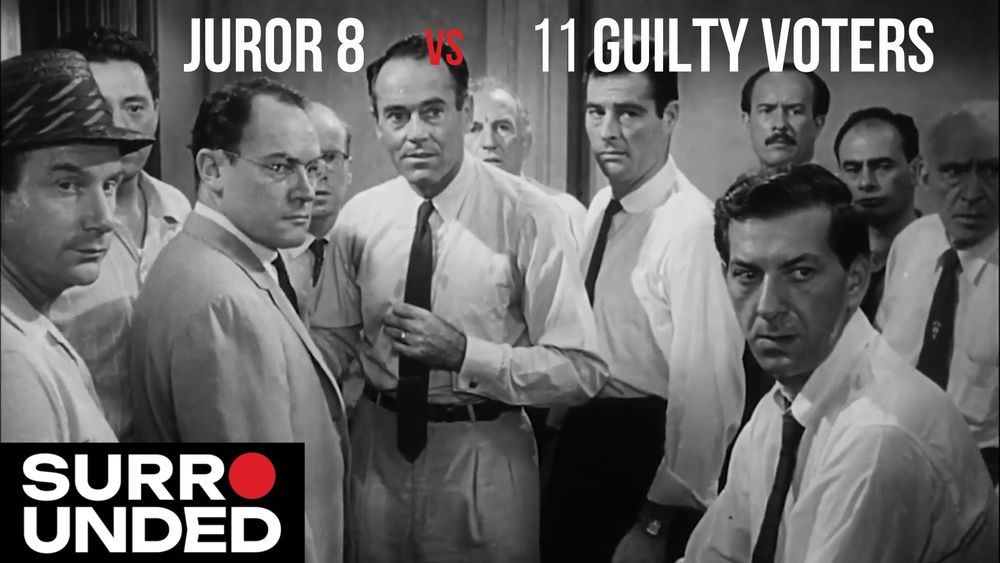 Thumbnail in the style of Jubilee's series "Surrounded" titled "Juror 8 vs 11 guilty voters." The background is a still from 12 Angry Men
