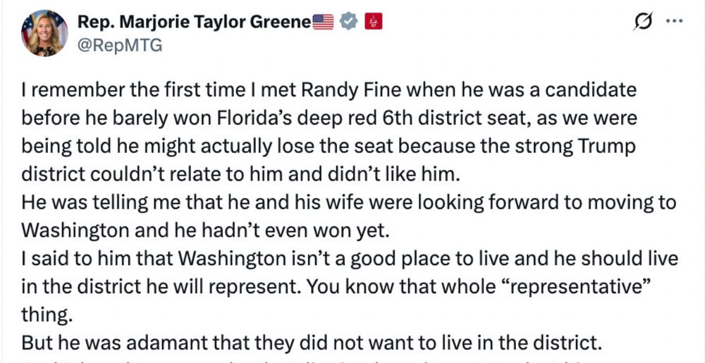 Mtg’s tweet’s beginning, about how rep randy fine didnt want to live in Florida