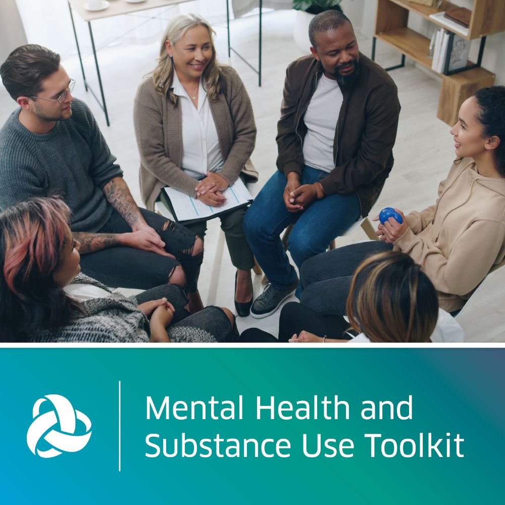 People sitting in a circle. Wording that reads "Mental Health and Substance Use Toolkit"