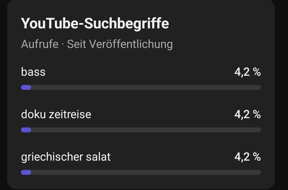 Bild zeigt Screenshot aus Youtubestudio der sagt dass ein Video bei den Suchgriffen "bass", "doku zeitreise" und "griechischer salat" gezeigt wird
