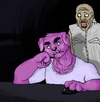YouTuber UhYeah's avatar, a purple dog with white dot eyes, resting his head on his hand, looking frustrated or stressed. The titular character of the horror game "Granny" stands behind him ominously.
