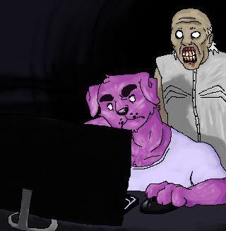 YouTuber UhYeah's avatar, a purple dog with white dot eyes, sitting at a computer, looking frustrated or stressed. The titular character of the horror game "Granny" stands behind him ominously.