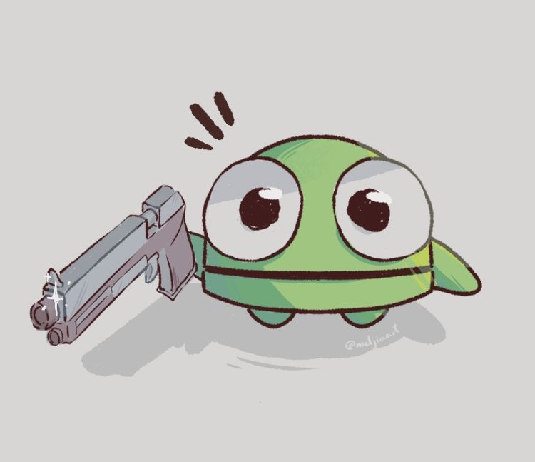 a little green robot from R.E.P.O standing the with a gun in their hand. I had to draw them since it´s such a fun game and I just love how they stare into your soul