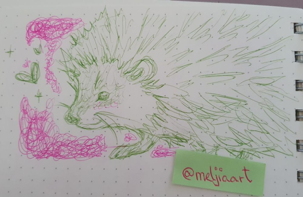 a ballpoint sketch in green and pink of a hedgehog ^^