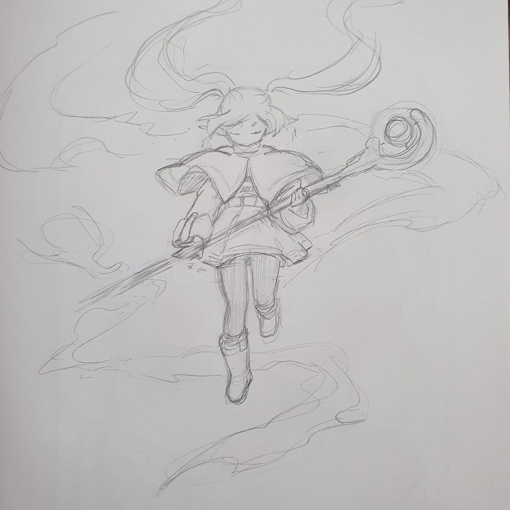 a pencil sketch of frieren from a lil manga panel I enjoied. she's floating in the air surrounded by clouds while holding her staff and her head is tilted down with her eyes closed