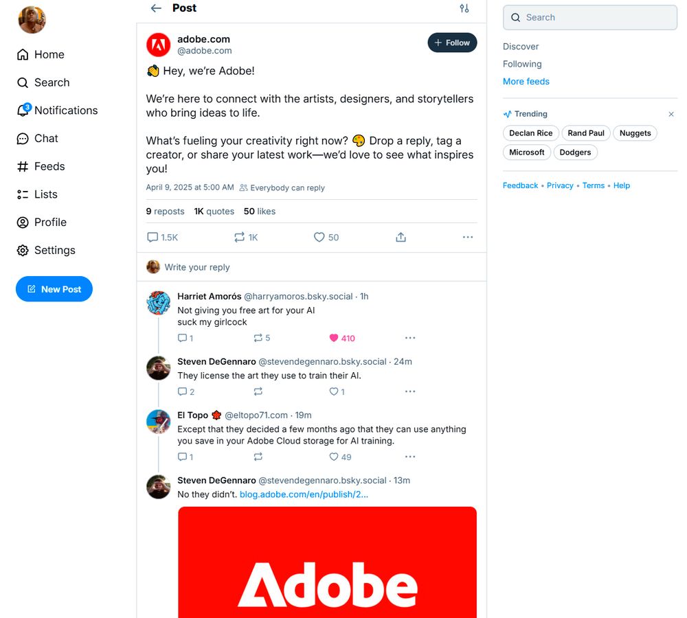 Adobe skeet introducing themselves and asking what's fueling our creativity. The replies are emphatically negative.