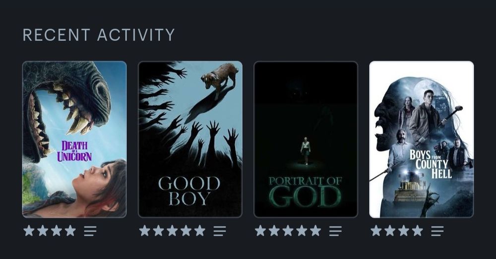 Screenshot: The last four films I watched on Letterboxd

Death of a Unicorn: 4 stars
Good Boy: 5 stars
Portrait of God: 5 stars
Boys From County Hell: 4 stars