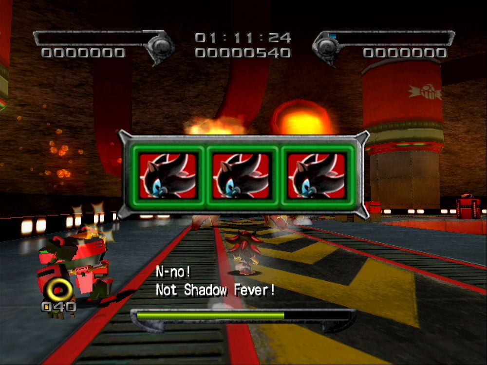 Screenshot from Shadow the Hedgehog, a slot wheel showing 3 portraits of Shadow lined up along with the subtitles saying "N-no! Not Shadow Fever!"