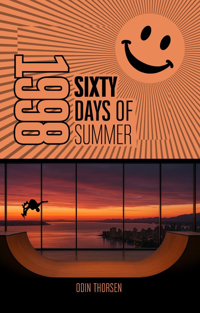 The book cover for 1998: Sixty Days of Summer by Odin Thorsen. The top half features a bold, sunburst pattern in orange with a large black smiley face and the title in retro block lettering: “1998” turned sideways, with “Sixty Days of Summer” in bold black and outlined fonts. The lower half shows a silhouette of a skateboarder mid-air in front of a panoramic window overlooking a vivid orange-and-purple sunset over Vancouver. Inside, a sleek half-pipe is visible. The author’s name appears at the bottom in orange.