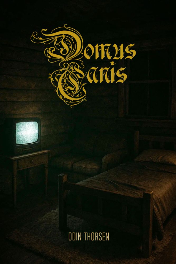 Cover of Domus Canis featuring the inside of a log cabin with a bed and sofa plus an ominous tv showing static