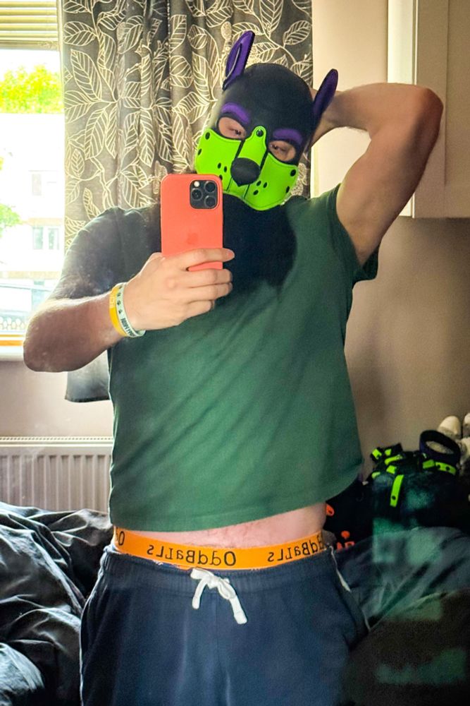 A green and purple pup wearing a cropped green T-shirt and navy drawstring shorts taking a mirror selfie with his waistband and midriff slightly visible