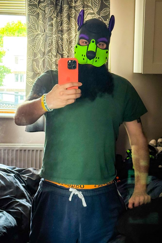 A green and purple pup wearing a cropped green T-shirt and navy drawstring shorts taking a mirror selfie