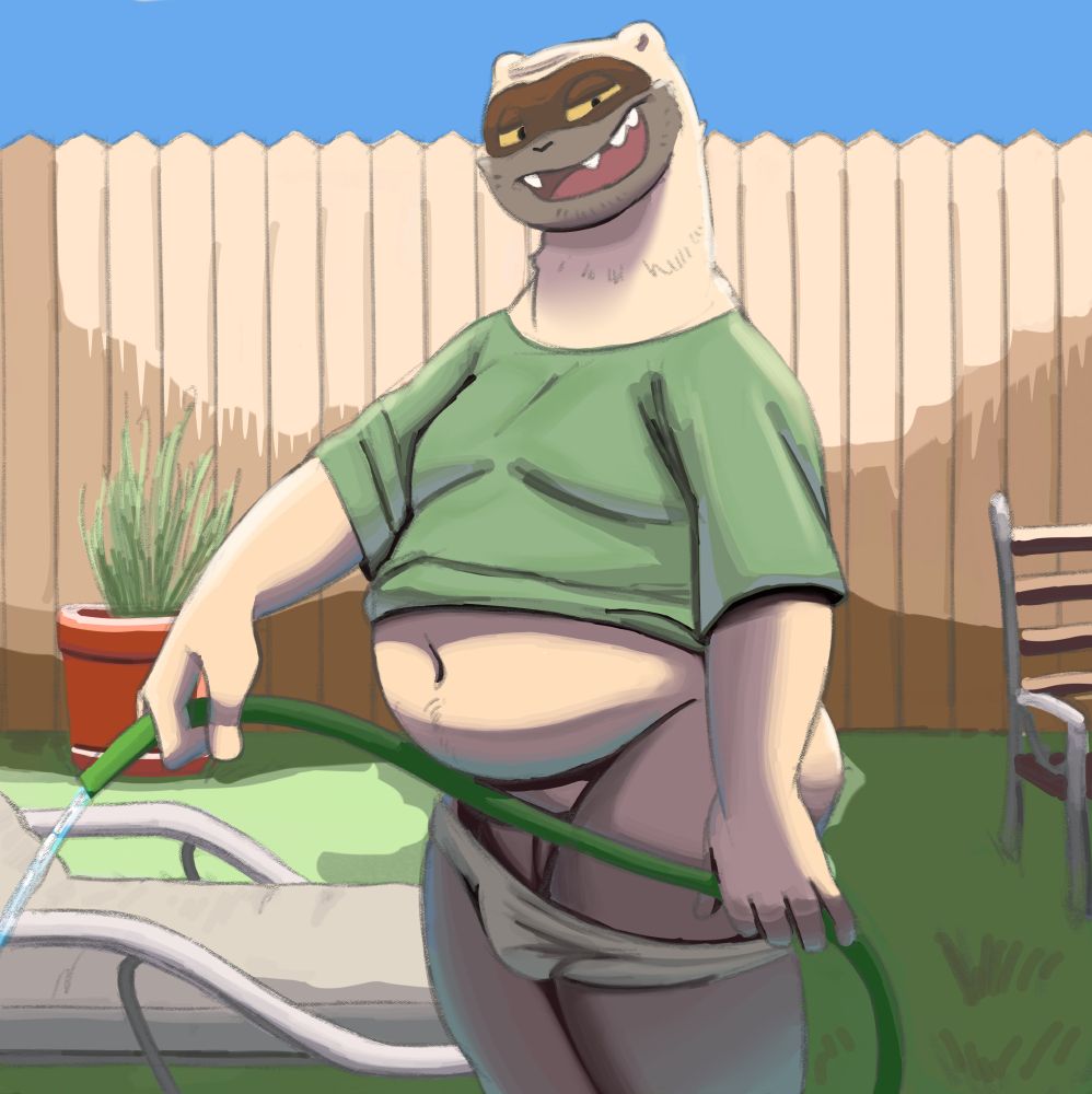 painting of ferret dad watering his lawn