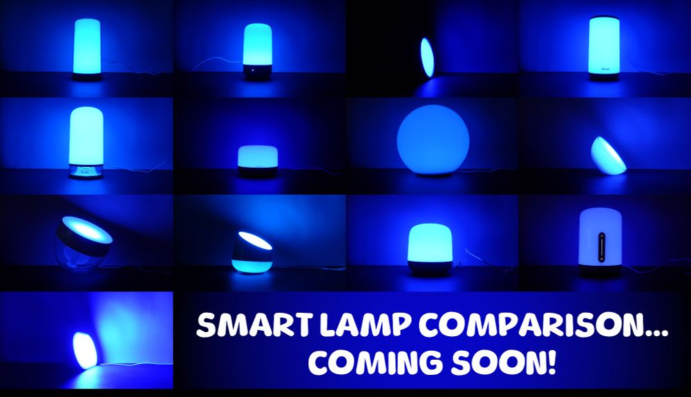 Image of 13 different smart lamps all emitting blue light, showing a difference in brightness at that color setting.