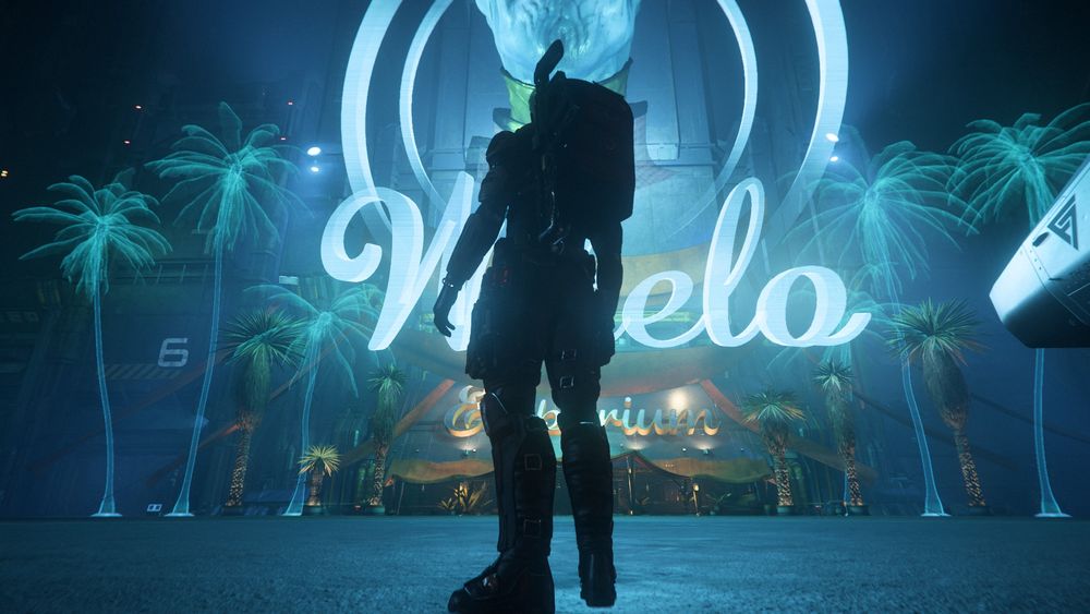 Dressed in his exploration gear, TekkerTen takes in the holographic splendor of Wikelo's Emporium.