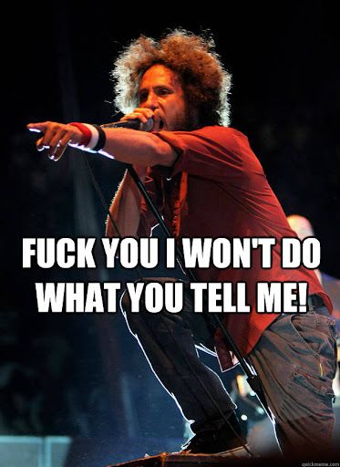 Leaning into a microphone, Zach de la Rocha responds to systemically delivered recommendations regarding his behavior and best practices.