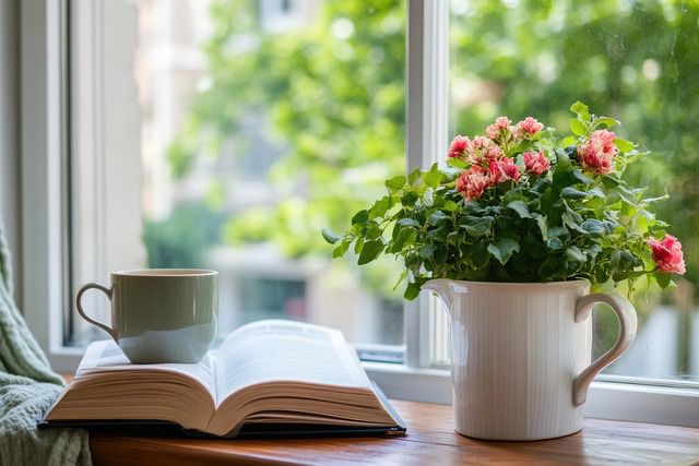 A cozy windowsill scene featuring an open book, a light green coffee cup, and a white ceramic pitcher filled with pink geraniums. The items are arranged on a wooden surface in front of a bright window that looks out onto lush green foliage, creating a peaceful reading nook atmosphere.