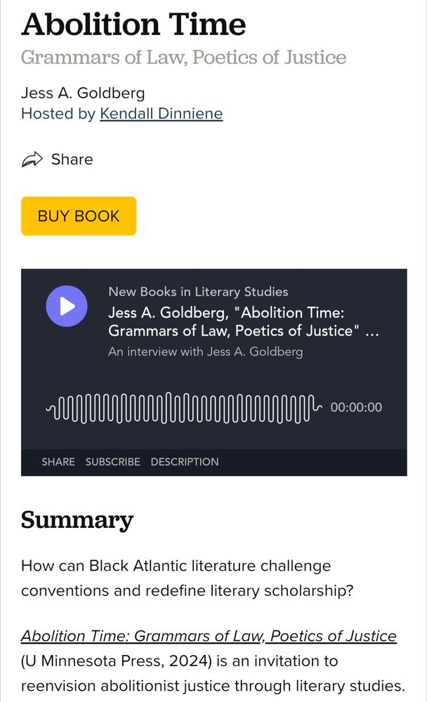A screenshot of the New Books Network website page for an interview with Jess A. Goldberg about their book Abolition Time: Grammars of Law, Poetics of Justice.