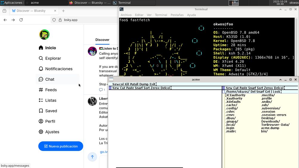 Screenshot of an OpenBSD desktop setup with XFCE & the following programs: Firefox with Betterfox showing the Bluesky website, a terminal show fastfetch & acme from Plan 9 from User Space
