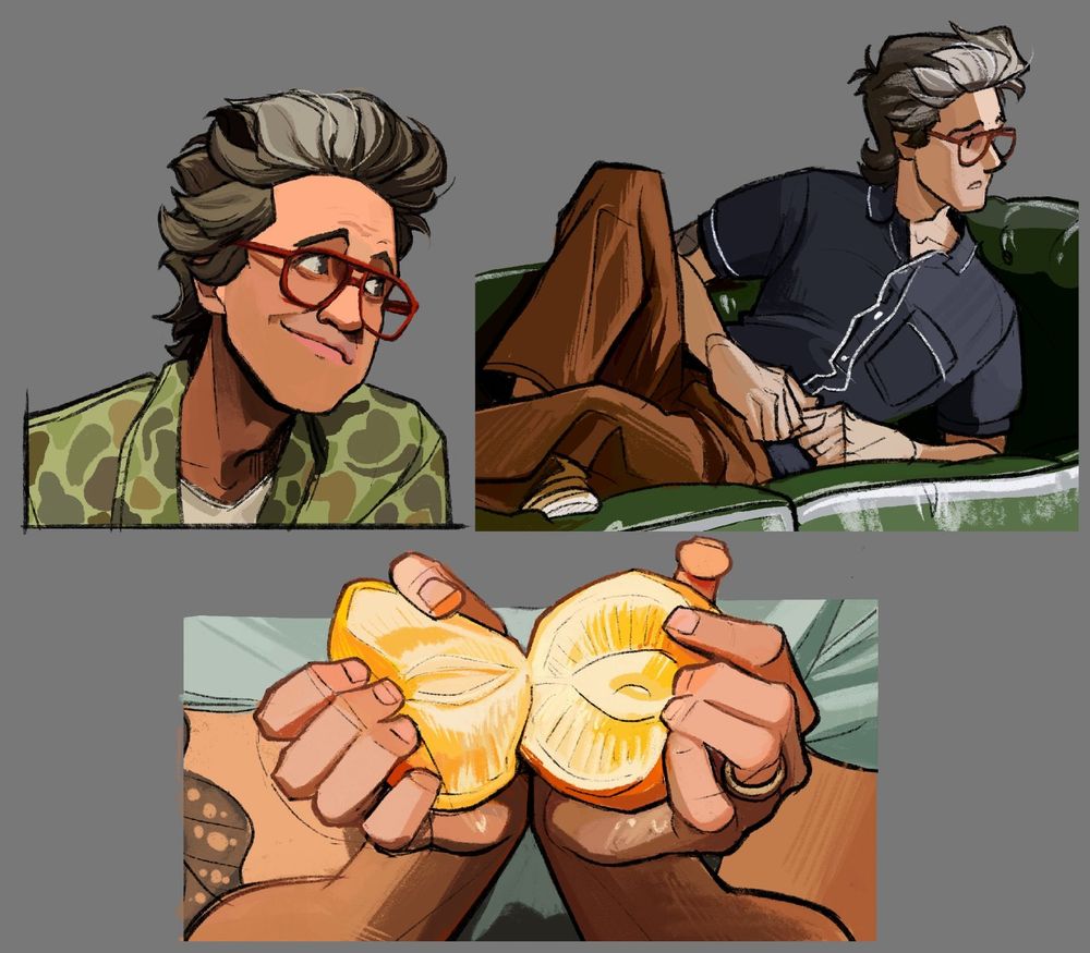 Three images of Link Neal: a portrait, him in a Lionel Ritchie pose, and two hands separating a lemon.