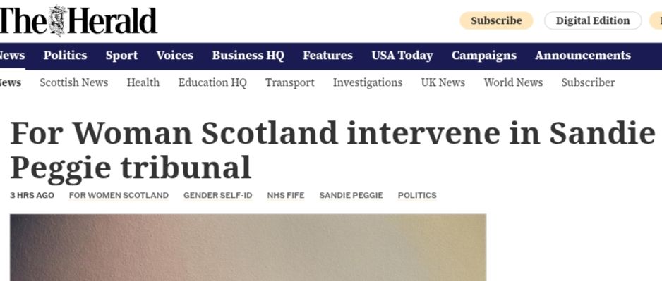 Headline grin The Herald "For Woman Scotland intervene in Sandie Peggie tribunal"