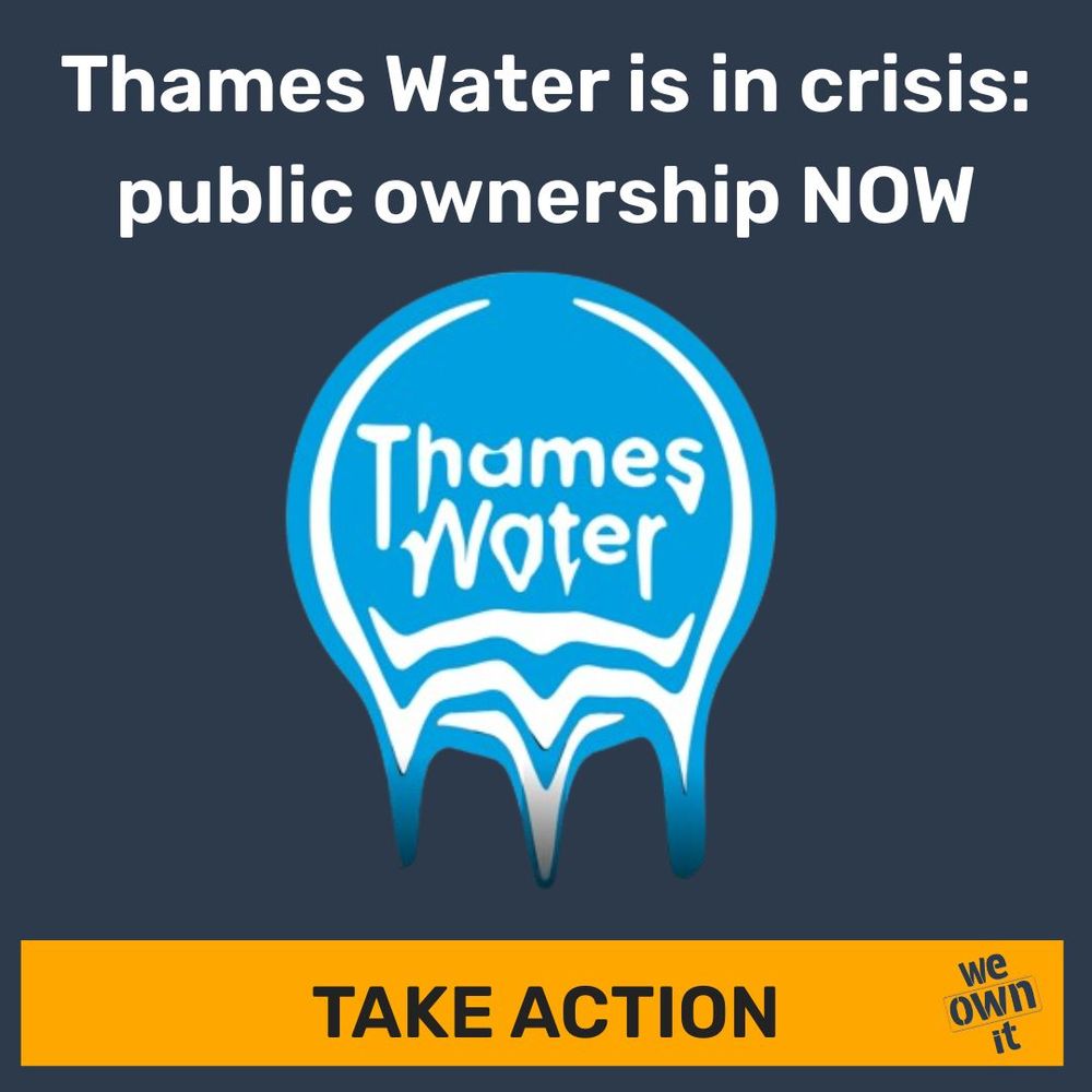 Image of the Thames Water logo melting. Above it in white text on a black background is the sentence "Thames Water is in crisis: public ownership NOW".
Below it in all caps on a yellow back ground are the words TAKE ACTION, with the We Own It logo.