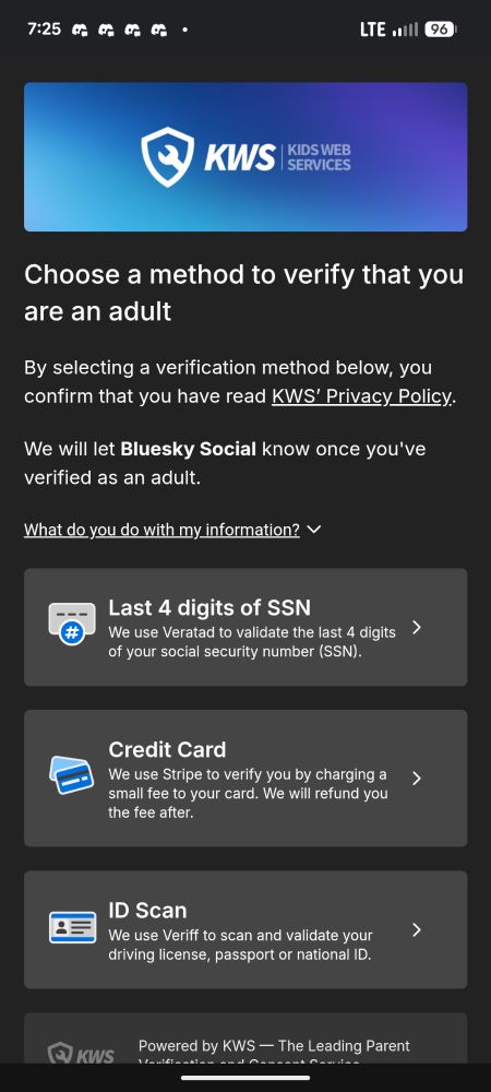 choose the method to verify that you are an adult